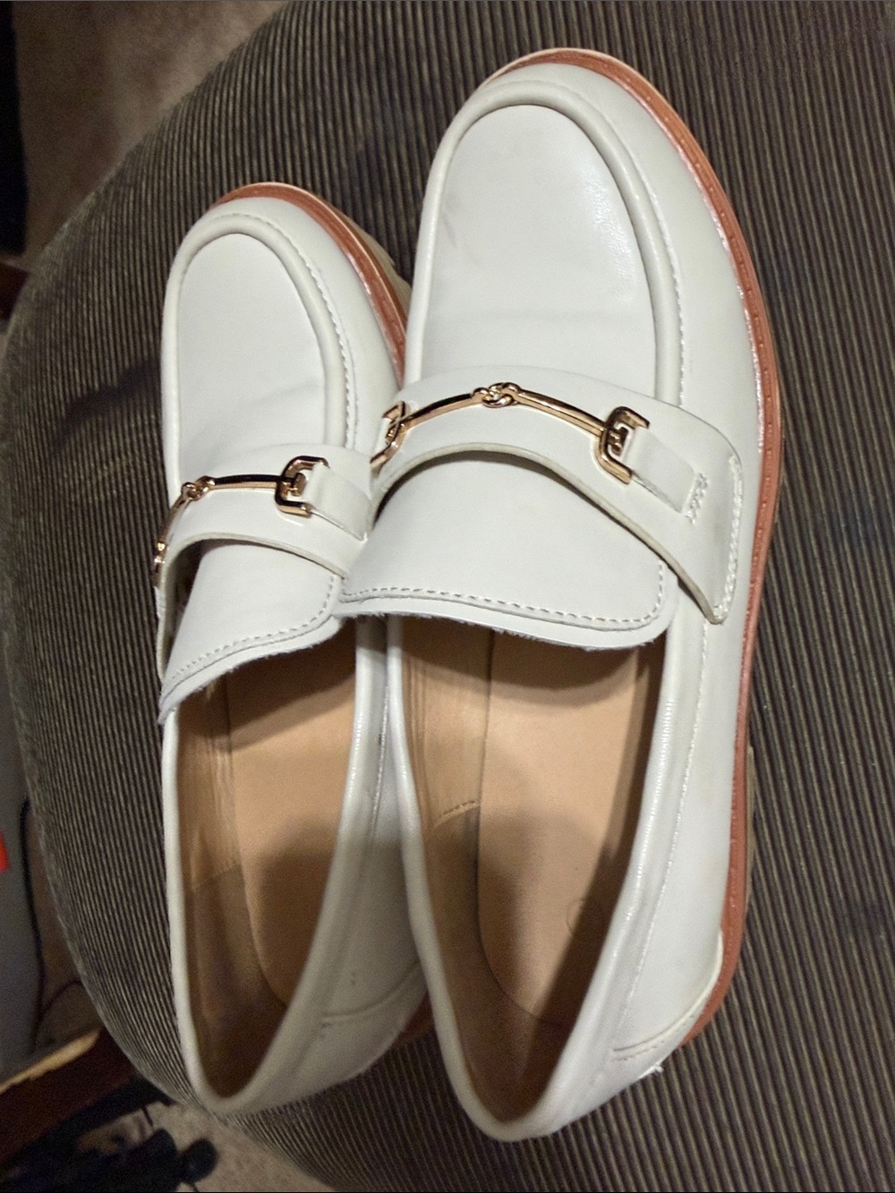 White Women's Leather Bit Loafers with Gold Accent